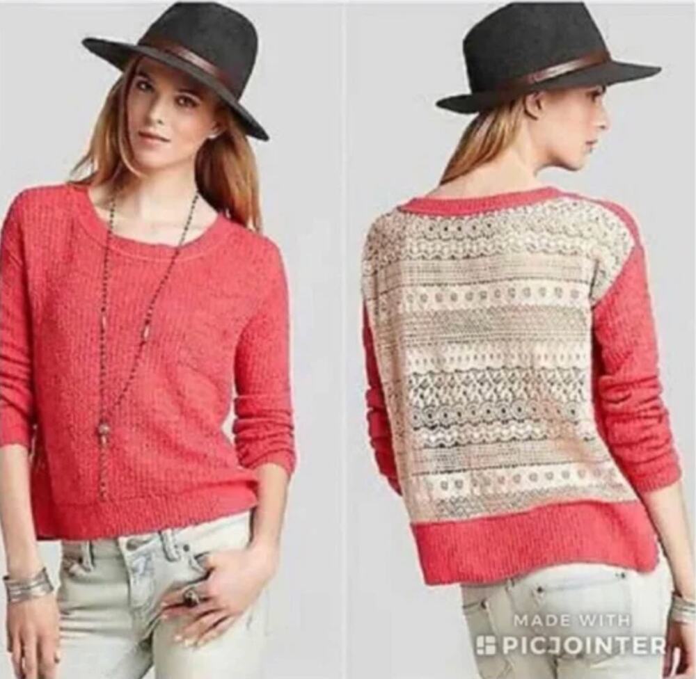 Free People Sweet Jane Crochet Back Pink Strawberry Sweater Oversized Boho Small